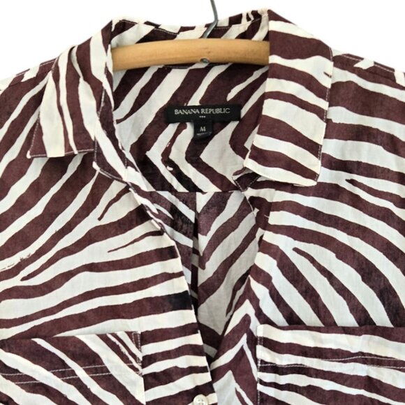 Banana Republic Zebra Print Button-Down Short Sleeve Shirt Brown/White Medium - Picture 3 of 8